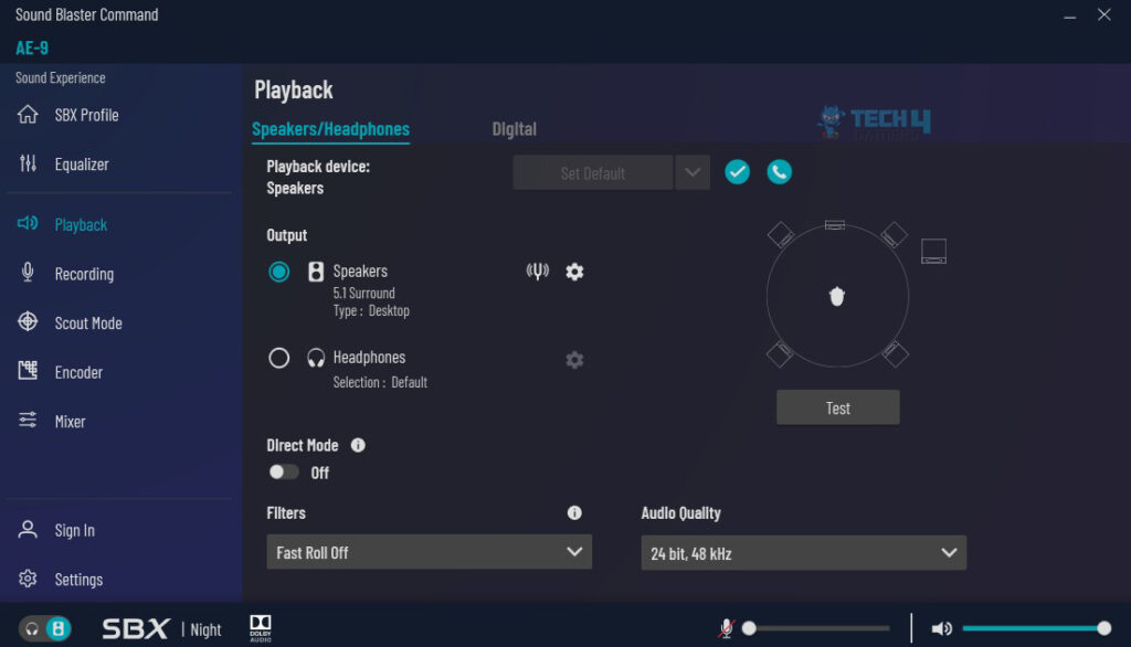 Sound Blaster Command - Playback Tab (Image By Tech4Gamers)
