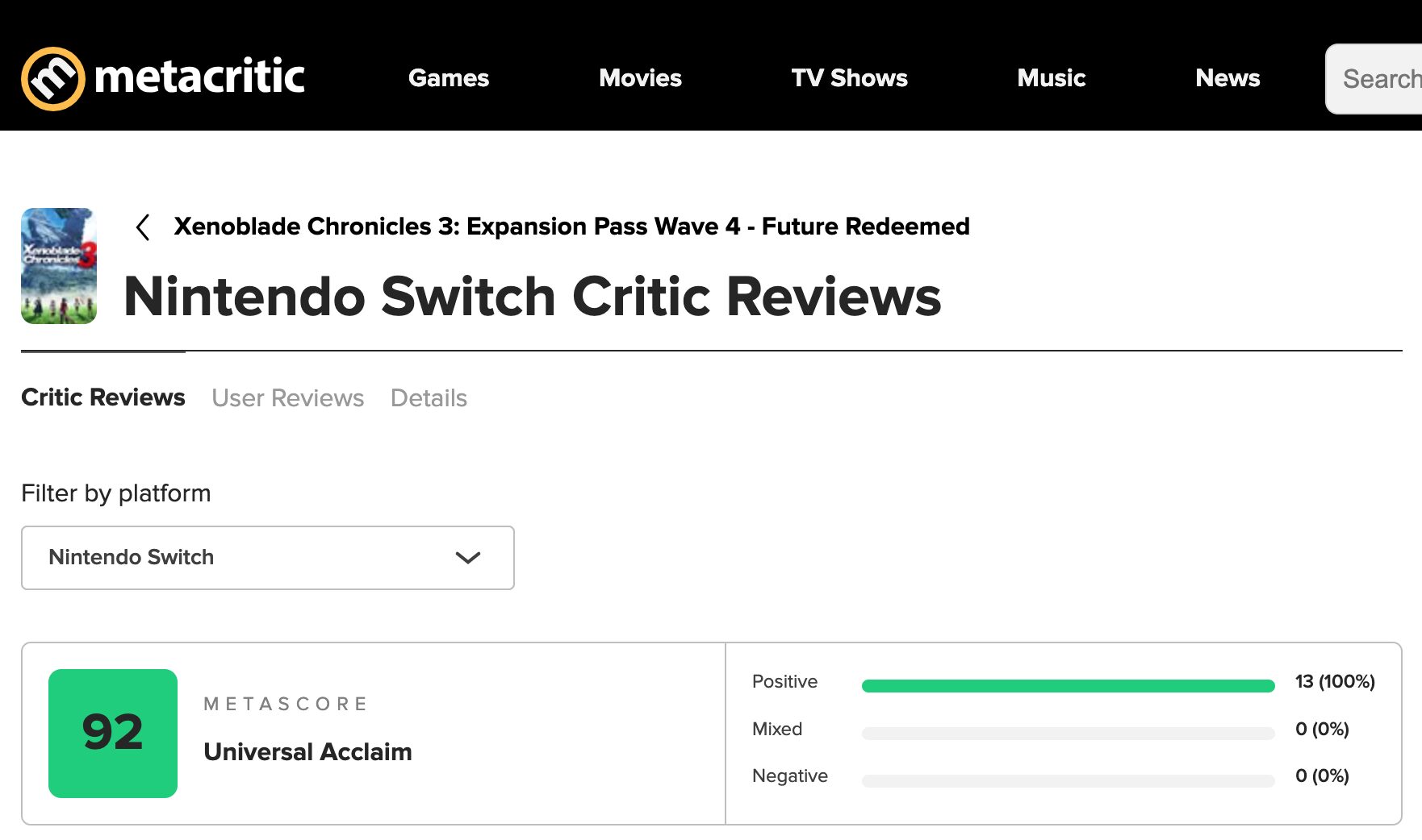 xenoblade 3 future redeemed metacritic nintendo switch score