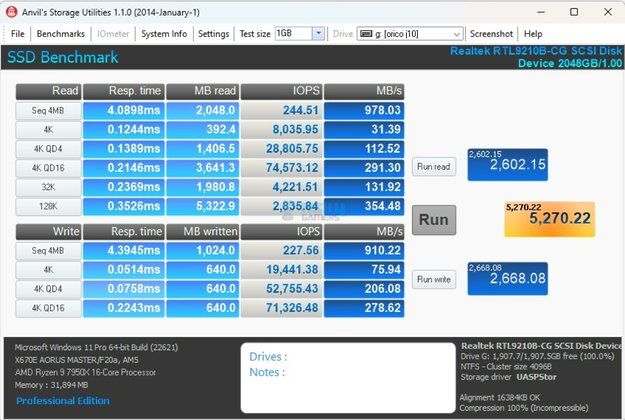 ORICO J-10 2TB NVMe SSD - Anvil Storage Benchmark