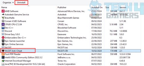 clicking on faceit anti cheat software then clicking uninstall to uninstall the software from the system.