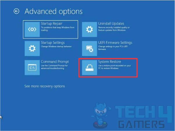 Advanced options highlighting System Restore