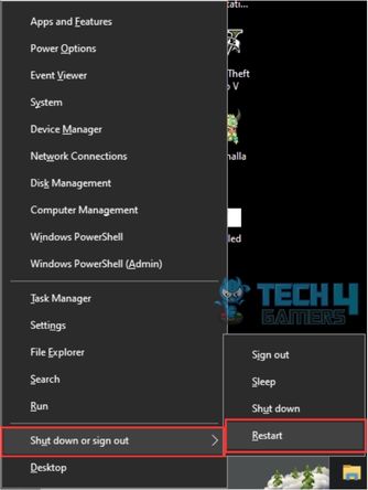 Power user menu guiding user how to restart computer