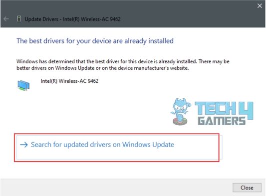 Best driver for intel wireless ac 9462 already installed, therefore now highlighting to update from Windows Updates.