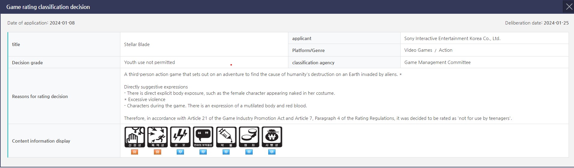 Stellar Blade rating by Game Management Committe