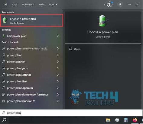Searching for power plan in the windows search