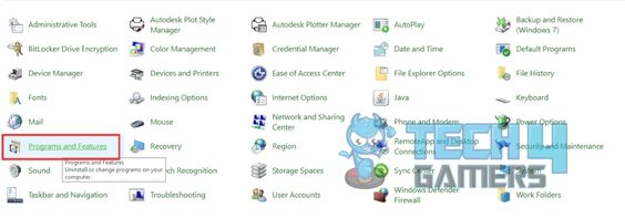 navigating to programs and features in control panel