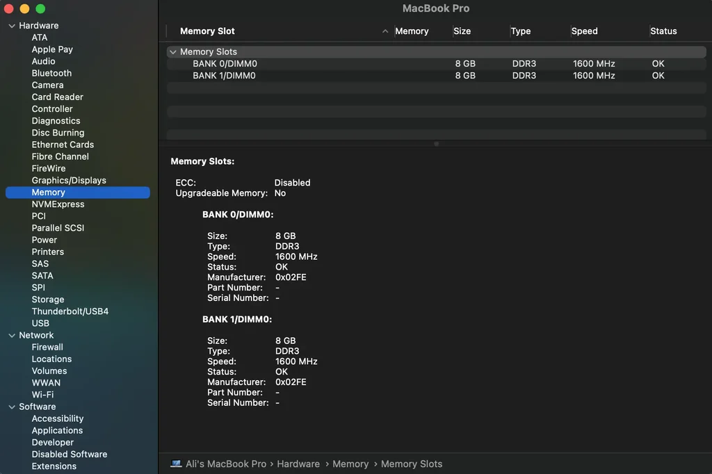 MacBook Pro using 16GB 1600 MHz Low Power DDR3 RAM.