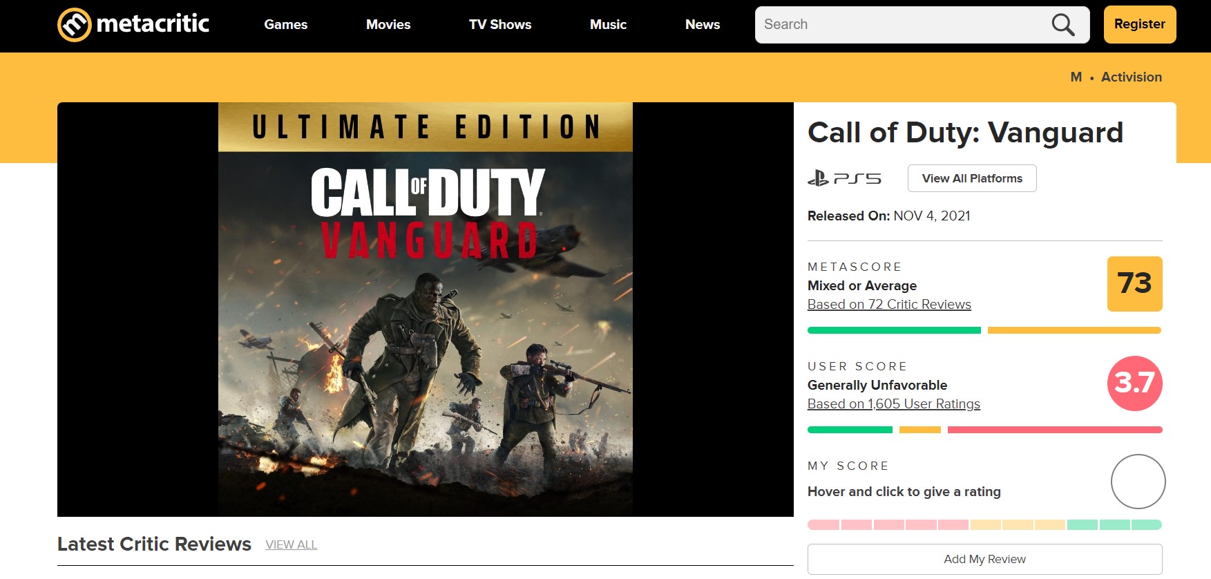 CoD Vanguard Metacritic 