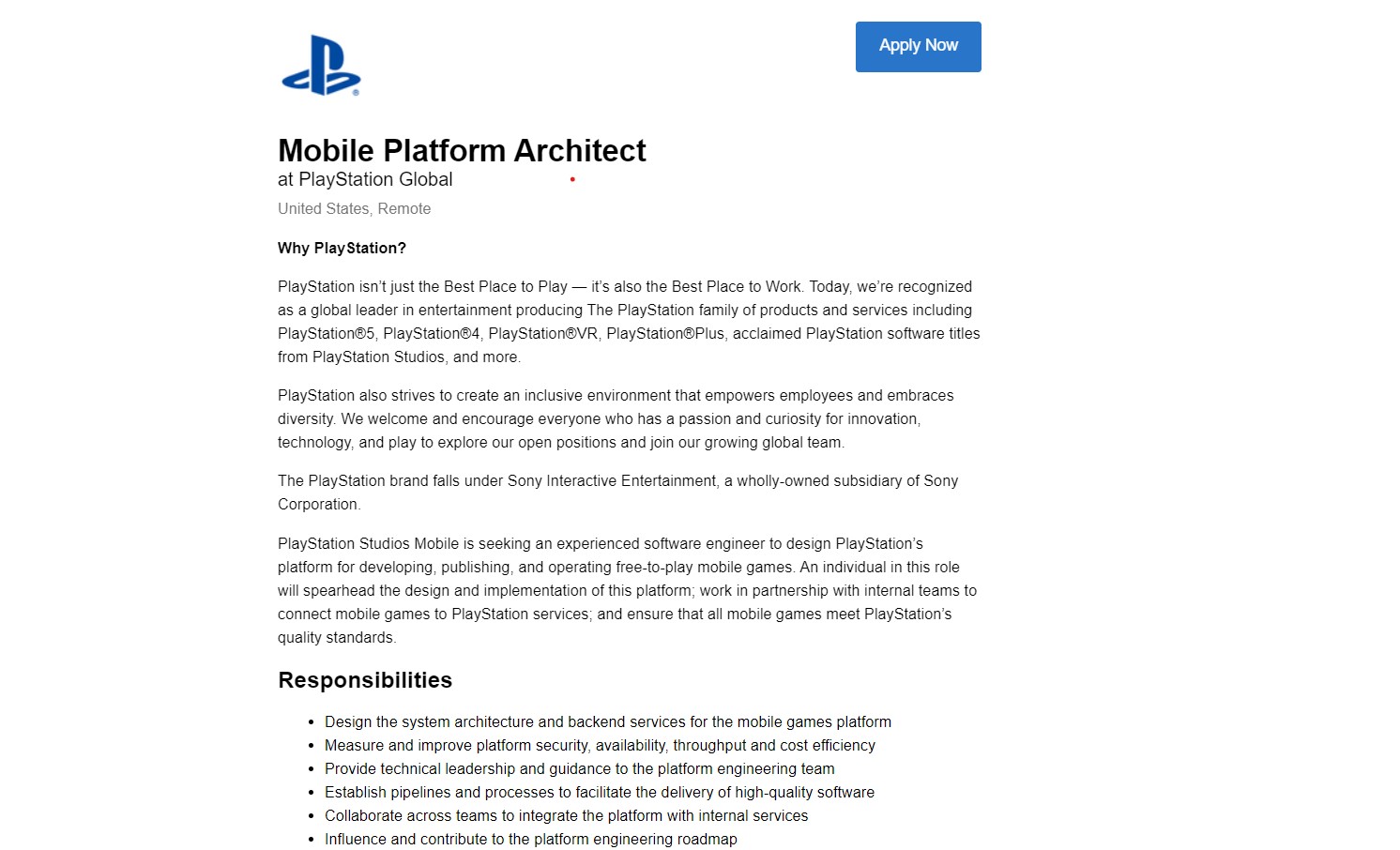 Sony job listing