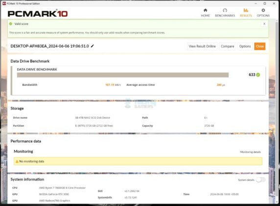 MSI MEG X670E ACE - Test Result - Storage Benchmark - PCMARK 10 Data Drive Benchmark USB 3.2 Gen2x2 Type-C USB Drive