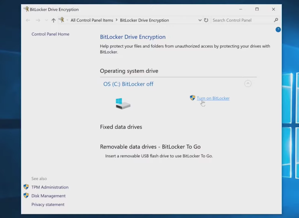 Activating BitLocker Encryption