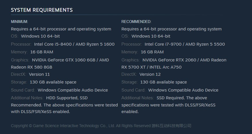 Black Myth Wukong System Requirements