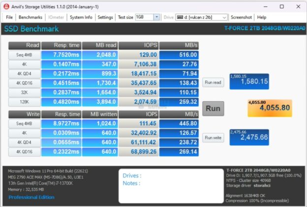 Teamgroup T-Force Vulcan Z SSD 2TB - Anvil SSD Benchmark