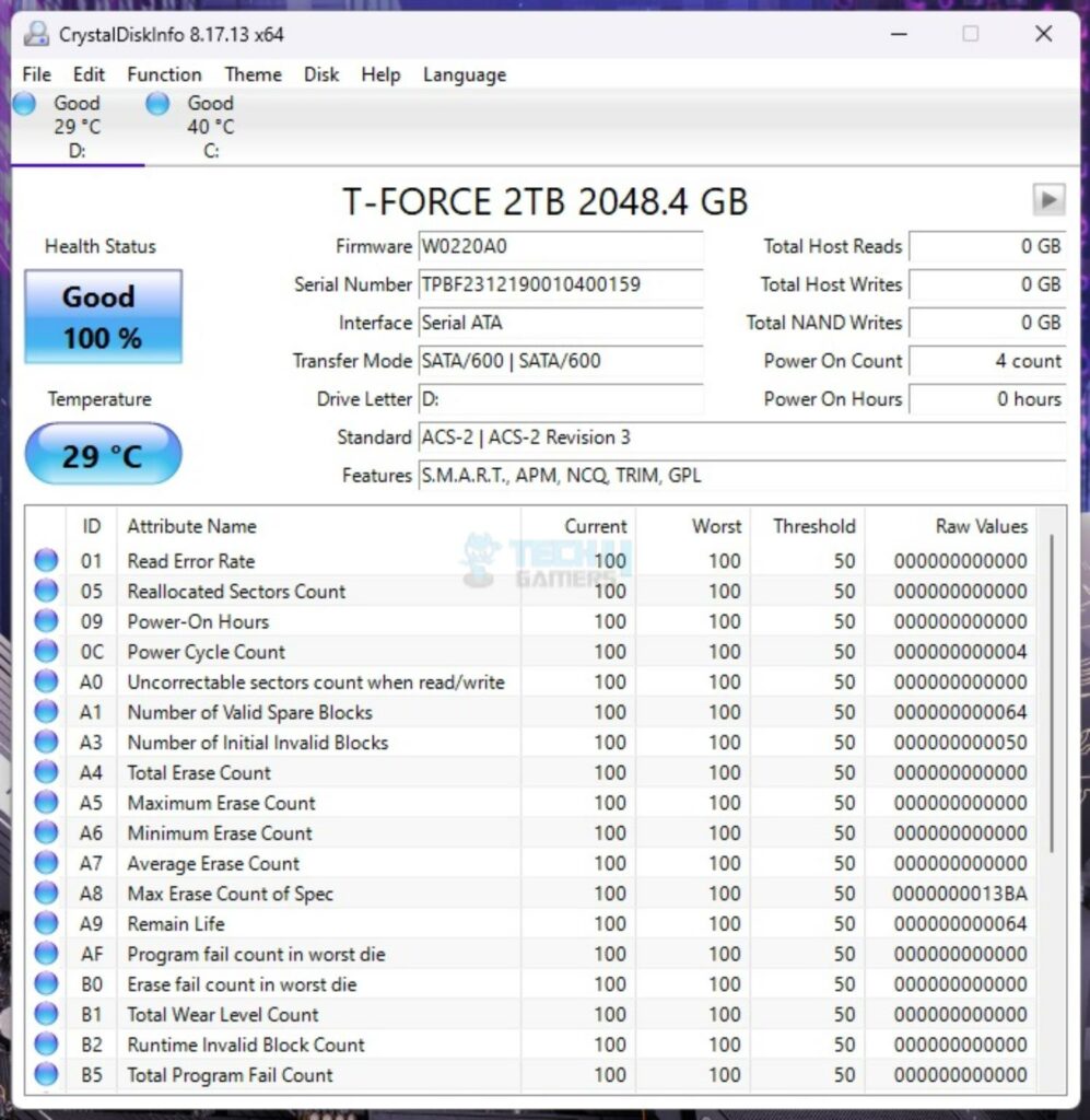 Teamgroup T-Force Vulcan Z SSD 2TB - CrystalDiskInfo