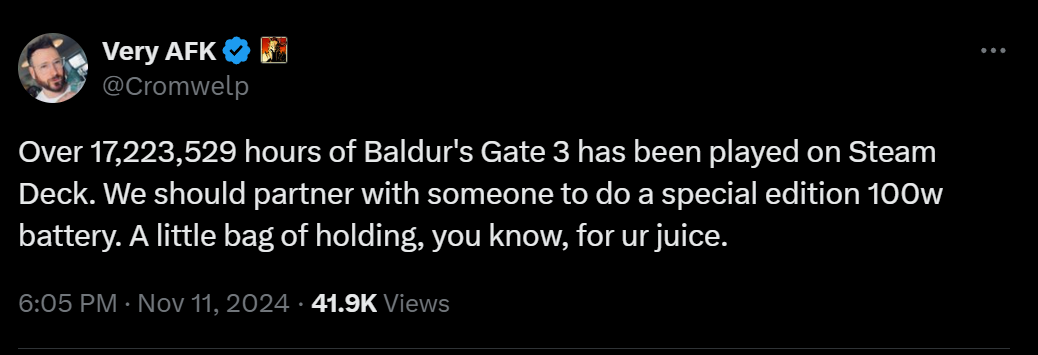 Baldur's Gate 3 17 Million Hours on Steam Deck