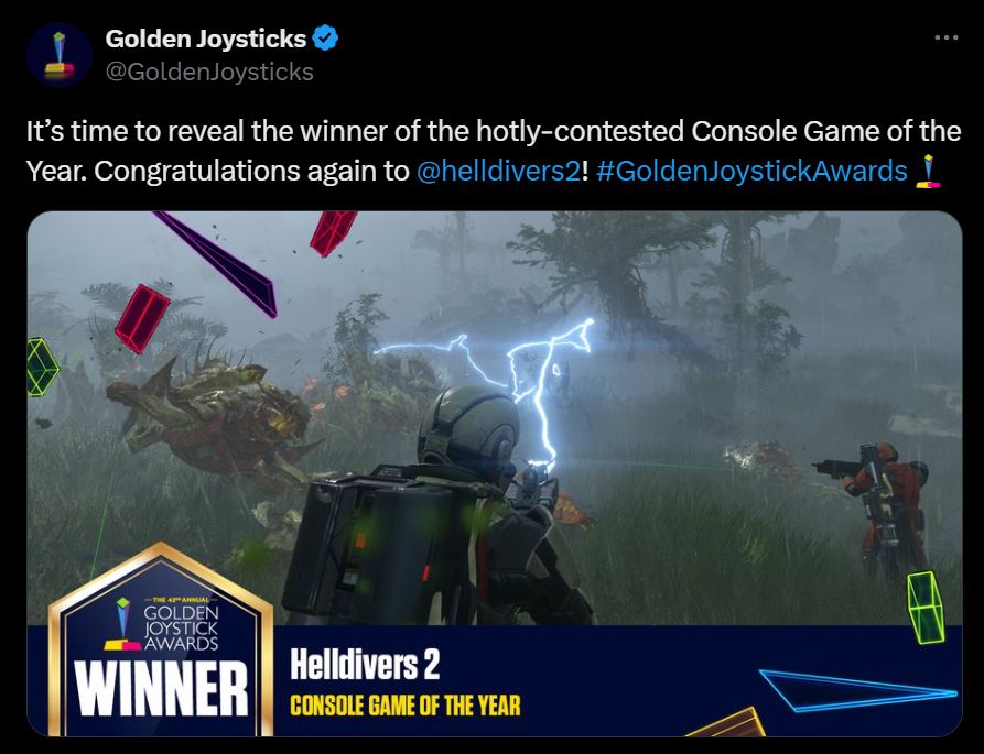 Helldivers 2 Console Game of The Year Golden Joystick